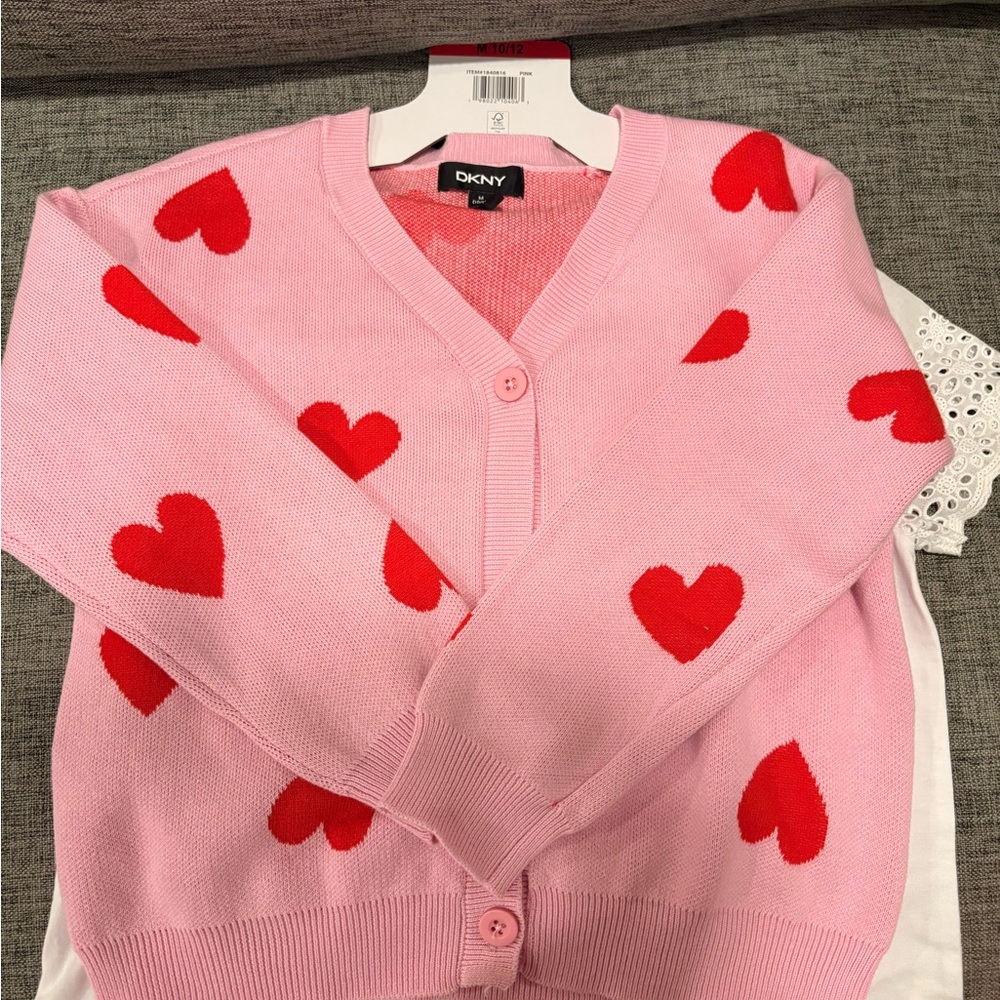 DKNY Kids Pink Cardigan with Red Heart Patterns